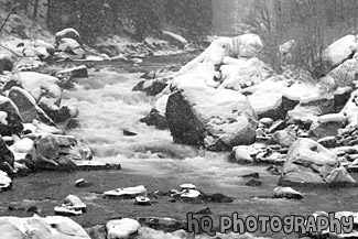 River & Snowy Rocks black and white picture