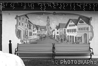 Leavenworth Bench & Art black and white picture