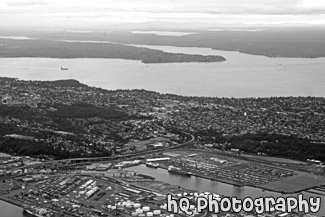 Aerial View of Puget Sound black and white picture