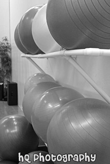 Yoga Balls on Rack black and white picture