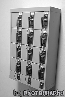 Small Lockers on Wall black and white picture