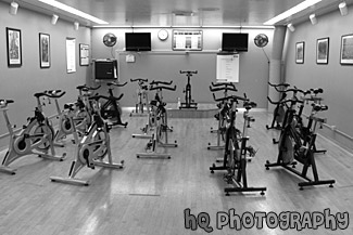 Spin Bikes in Spinning Room black and white picture