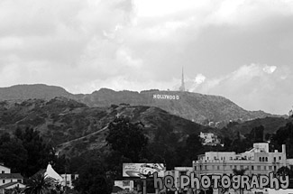 Hollywood Sign on Hill in Distance black and white picture