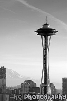 Space Needle & Mt. Rainier black and white picture