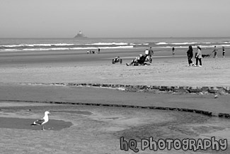 Cannon Beach, People, & Lighthouse black and white picture