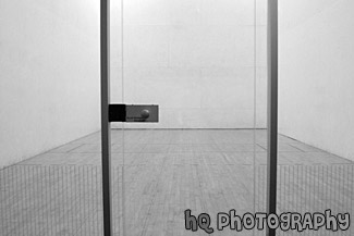 Racquetball Court Through Glass black and white picture