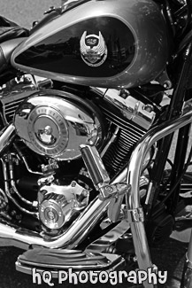 Side of Harley Motorcycle black and white picture