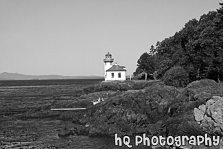 Lime Kiln Lighthouse on Sunny Day black and white picture