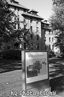 Pacific Lutheran University Sign & Harstad Hall black and white picture