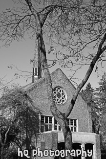 Eastvold Chapel & Sunshine black and white picture