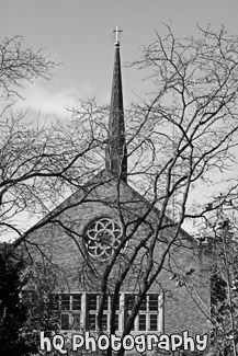 Eastvold Chapel & Trees, Vertical black and white picture