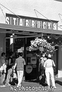 Outside of the Original Starbucks in Seattle black and white picture