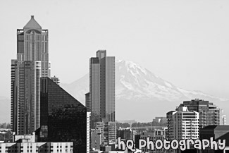 Seattle Buildings & Mt. Rainier black and white picture