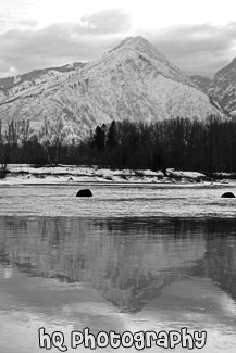 Mountain Reflection & Snow black and white picture