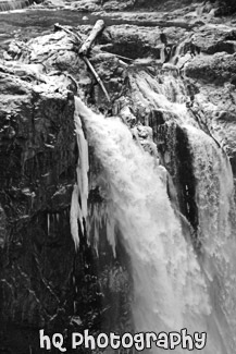 Close Up of Snoqualmie Falls & Icicles black and white picture