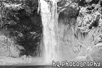 Icicles Surrounding Snoqualmie Falls black and white picture