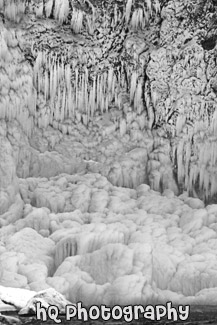 Icicles on Wall of Snoqualmie Falls black and white picture