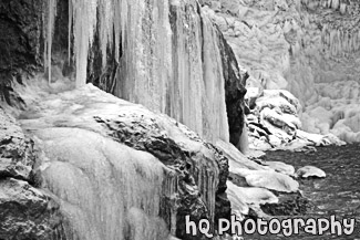 Icicles on Rocks black and white picture