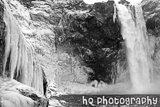 Icicles Surrounding Waterfall black and white picture