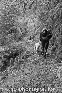 Hiker & Dog on Trail black and white picture