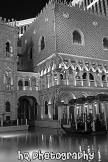 Gondola Outside of Venetian Hotel black and white picture