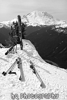 Mt. Rainier & Skis at Crystal Mountain Summit black and white picture