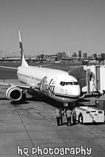 Alaska Airlines Airplane at Phoenix Airport black and white picture