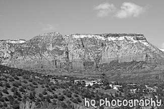 Sedona Red Rock & Houses on Hill black and white picture