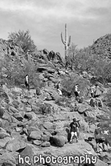 People Hiking up Camelback Mountain black and white picture