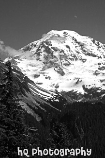 Mt. Rainier With Moon Faintly Above black and white picture