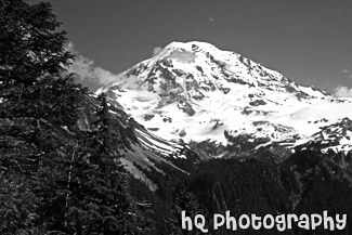 Mt. Rainier, Faint Moon & Blue Sky black and white picture