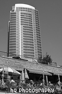 Seattle Building & Restaurant Patio black and white picture