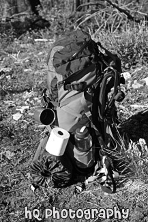 Hiking Backpack on Ground black and white picture