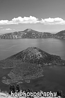 Wizard Island in Crater Lake black and white picture