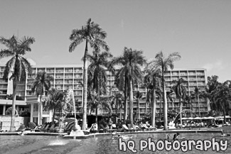 Hotel Resort Pool Area black and white picture