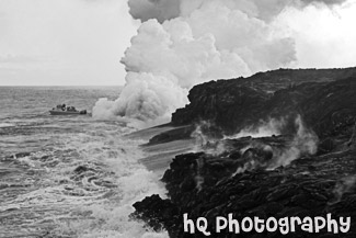 Steaming Lava and Tourists black and white picture