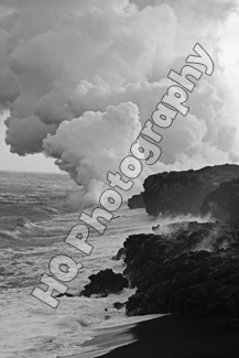 Lava, Smoke, Rocky Shore black and white picture