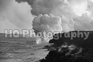 Red Lava Going into Ocean black and white picture