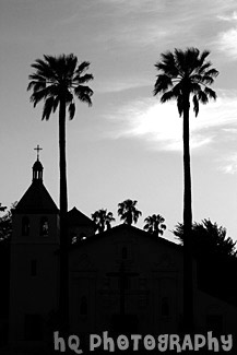 Silouette of Santa Clara Mission Church black and white picture