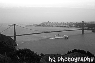 Cruise Ship Under Golden Gate Bridge black and white picture