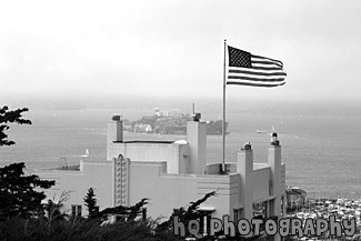 Alcatraz & Flag black and white picture