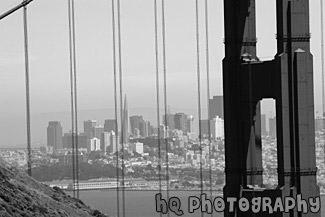 San Francisco View Through Golden Gate Bridge black and white picture