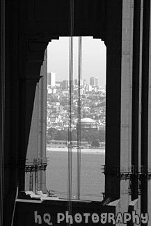 A Close Up Looking Through Golden Gate Bridge black and white picture