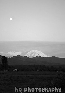 Mt. Rainier at Sunset & Full Moon black and white picture