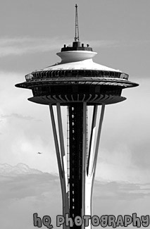 Close Up of Tip of Space Needle black and white picture