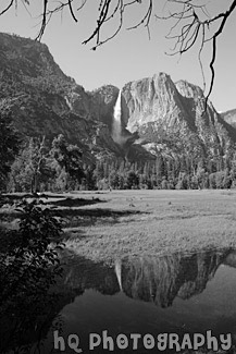 Yosemite Falls Reflection black and white picture