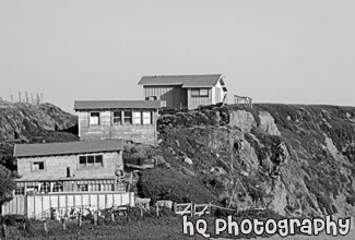 Three Coastal Houses on Hill black and white picture