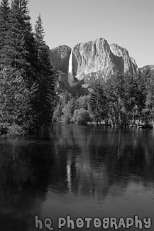 Yosemite Falls with Reflection black and white picture