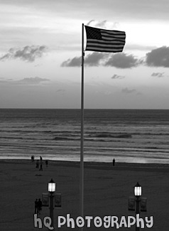 American Flag Beach Sunset black and white picture