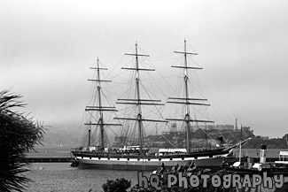 Balclutha & Alcatraz Island black and white picture